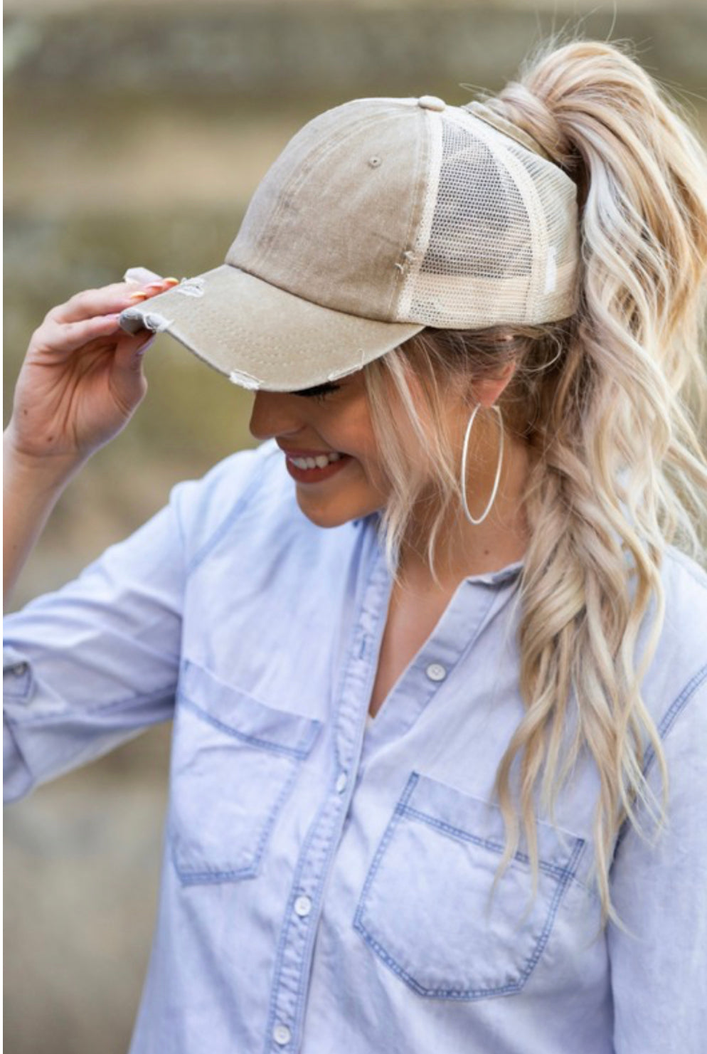 Distressed Messy Bun Hat