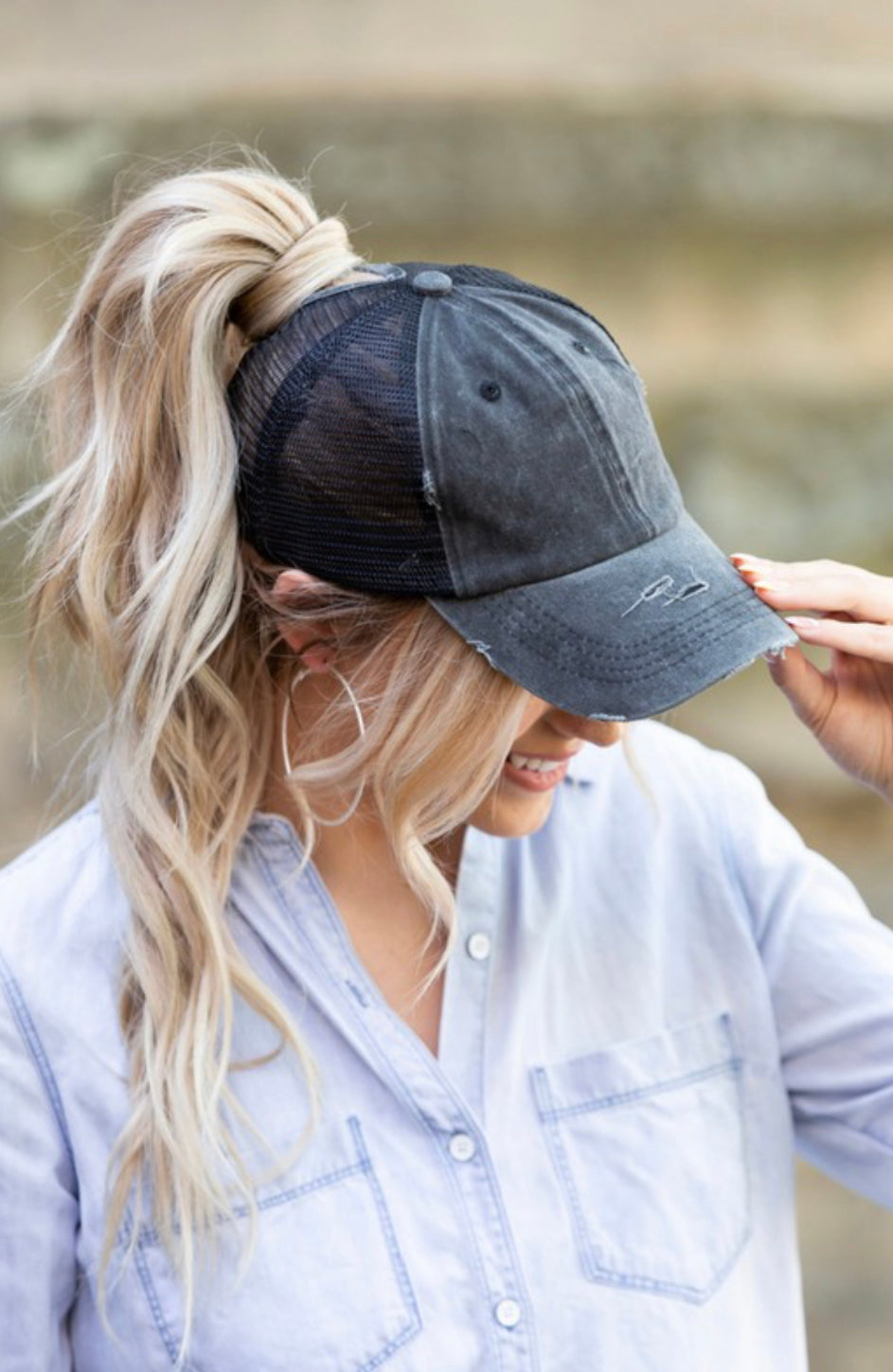 Distressed Messy Bun Hat