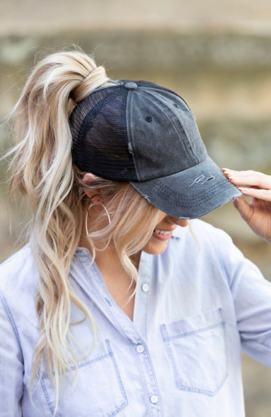 Distressed Messy Bun Hat